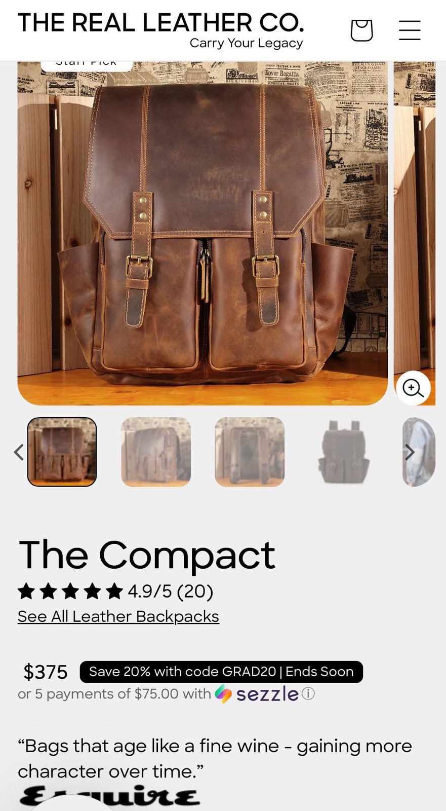 The Real Leather Co. Compact Brown Leather Hiking Backpack Adjustable Straps