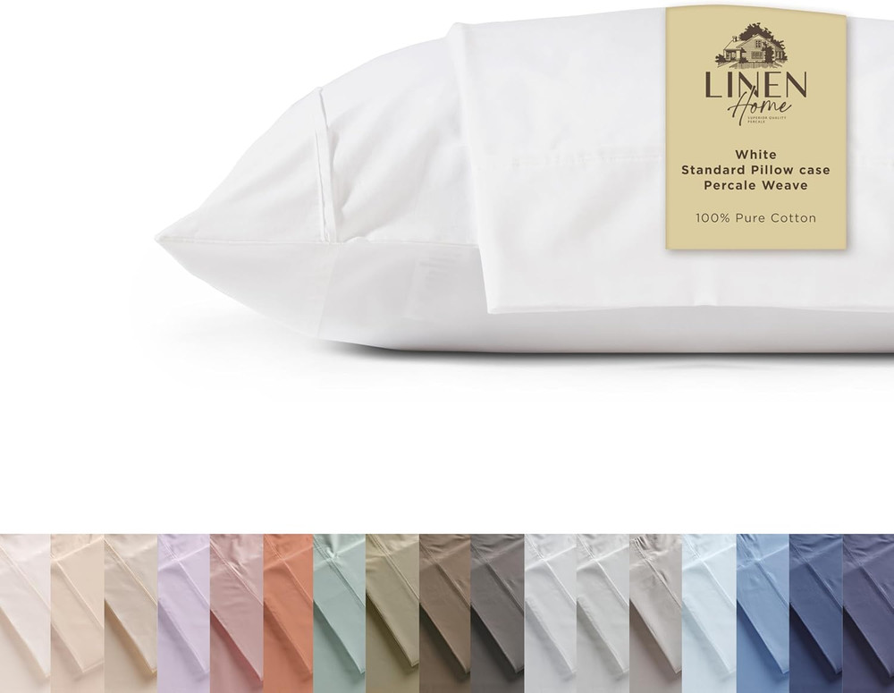 100% Cotton Percale Pillowcases Queen Size, White, 2 Pieces of Pillow Case, Cris