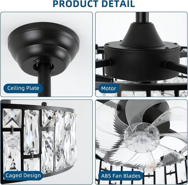 Modern Black Crystal Caged Ceiling Fan with Remote, 6-Speed Bladeless Lighting gallery