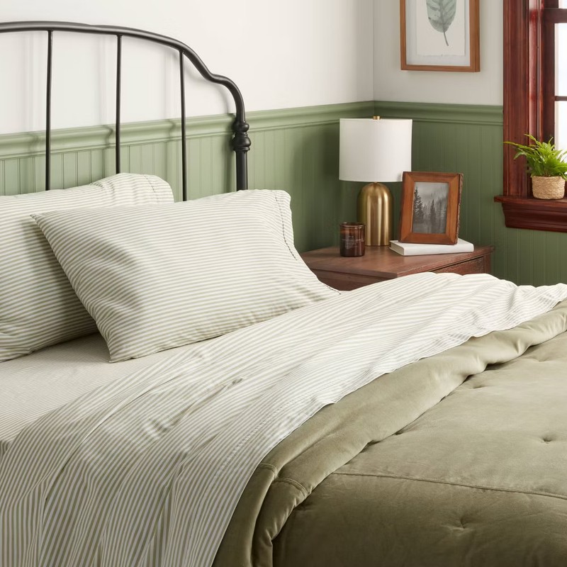 Queen 250 Thread Count Organic Percale Sheet Set Sage Green Stripe - gallery