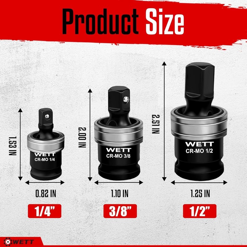 WETT 3-Piece Impact Universal Joint Set, 1/2", 3/8" and 1/4" Drive Socket Swivel gallery