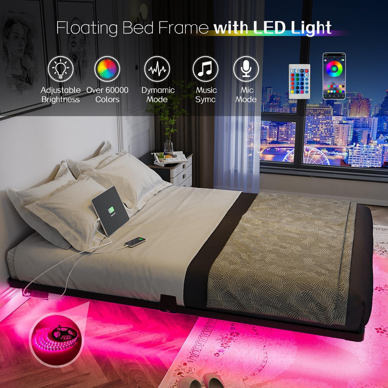Floating Bed Frame Full Size with Smart LED Lights and Charging Station - Modern gallery