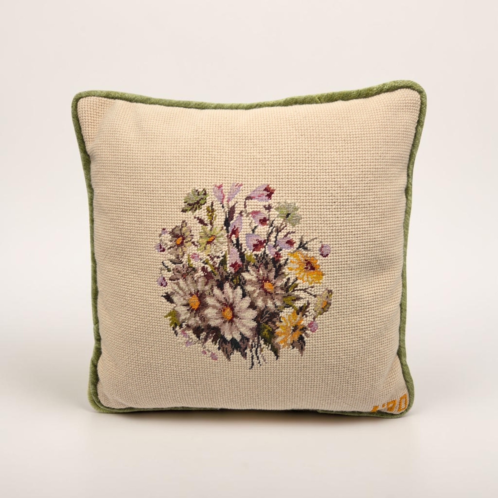Vintage Needlepoint Green Floral Throw Pillow Grandmacore Cottagecore 13"x13" gallery