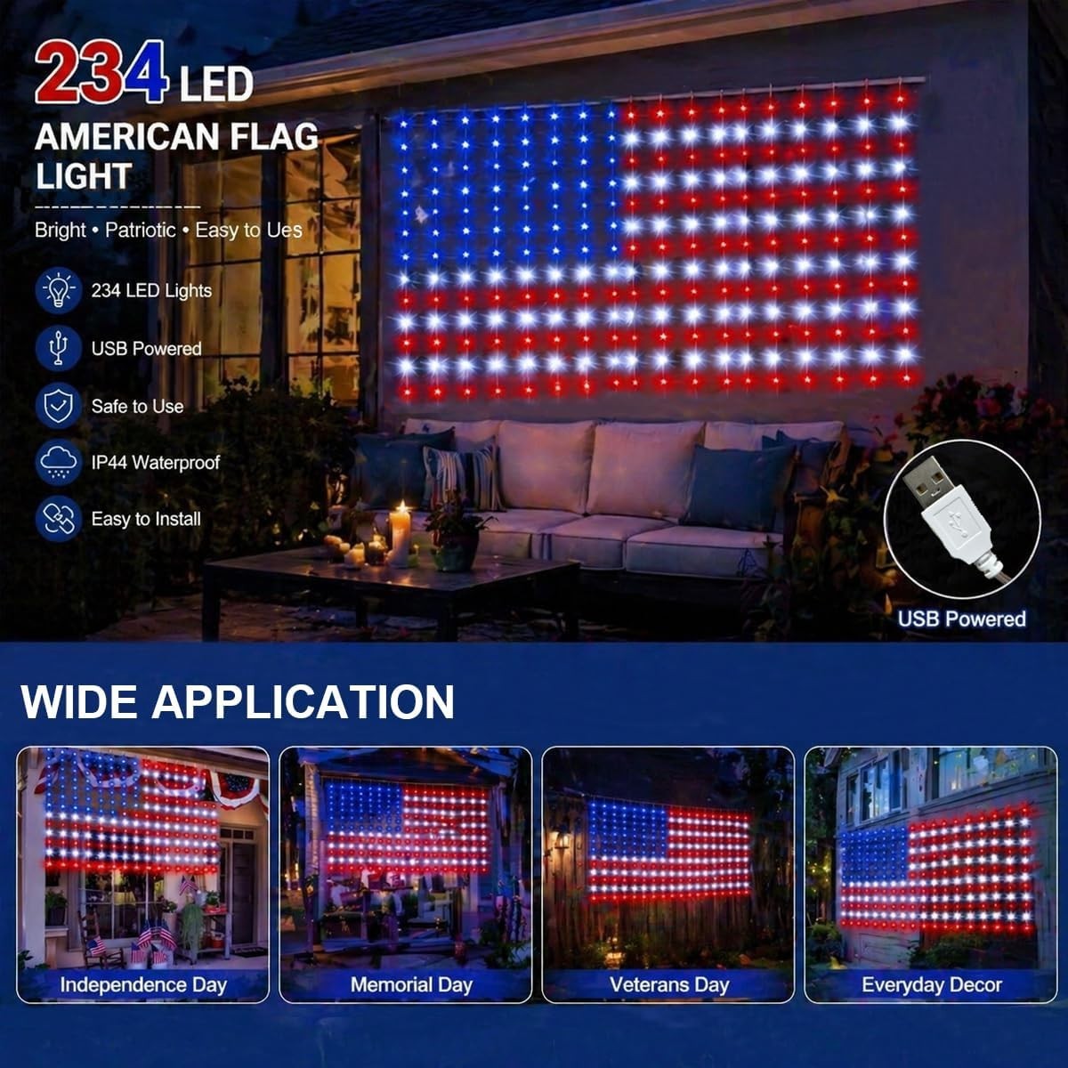 American Flag String Lights, Waterproof Led Flag Net Light, with 420 Super Brigh gallery
