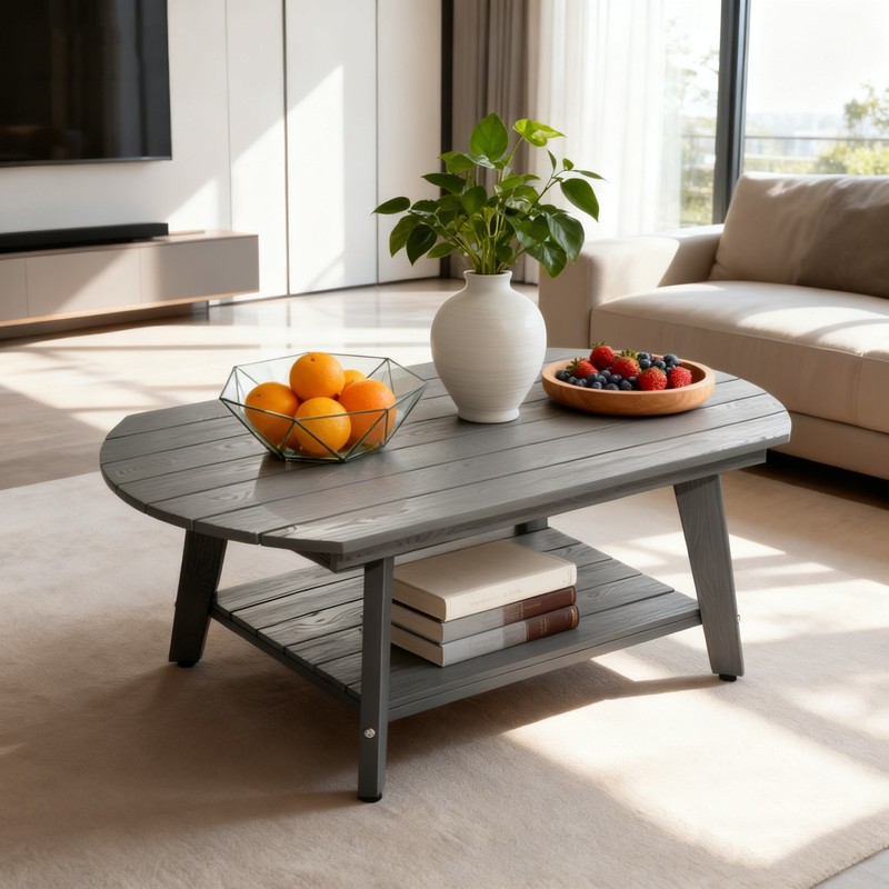 HIPS Coffee Table 2-Tier Oval Coffee Table with Storage Shelf Farmhouse ，Gray gallery