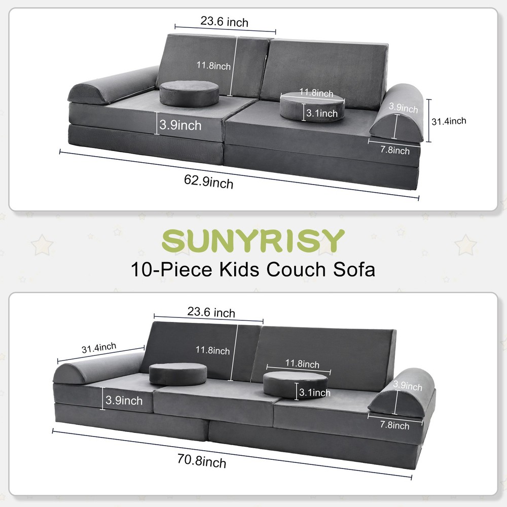 Gray Modular Kids Sofa Set Soft Safe Combination Couch for Playroom Bedroom