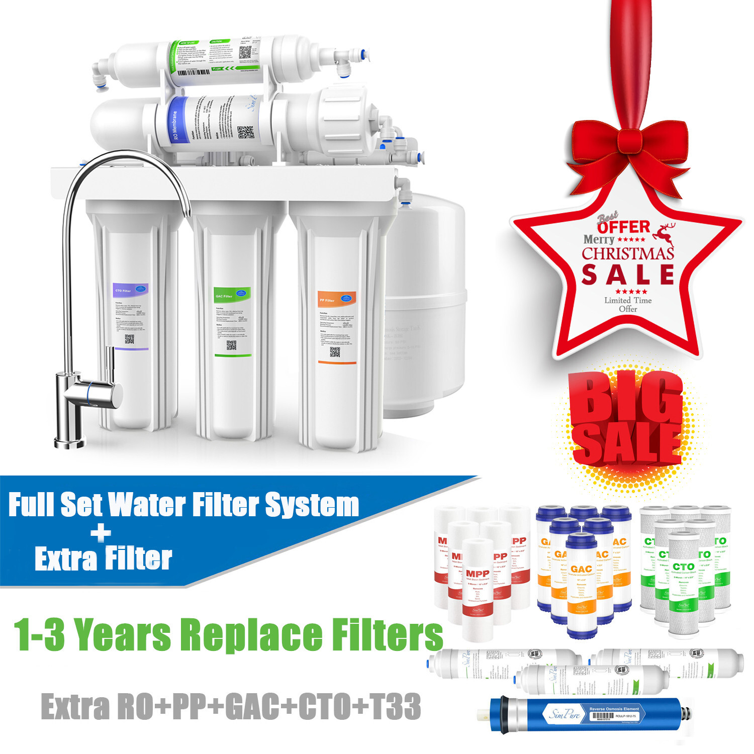 5 Stage Under Sink Reverse Osmosis Drinking Water Filter System Faucet Purifier gallery