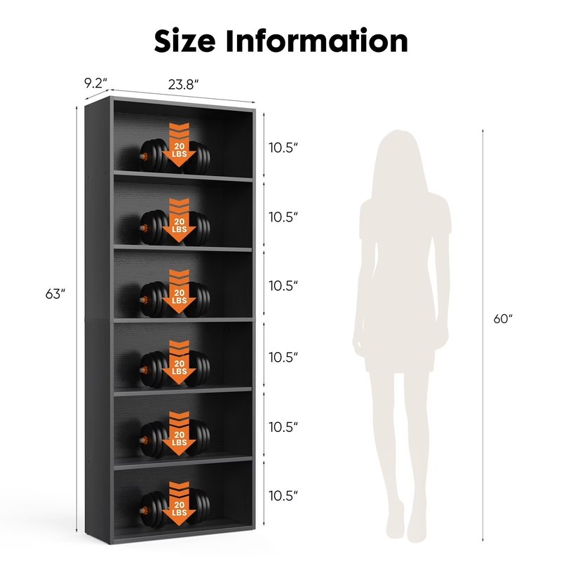 6-Tier Bookcase 63in Adjustable Shelves Anti-Tip Floor Standing Black Wood gallery