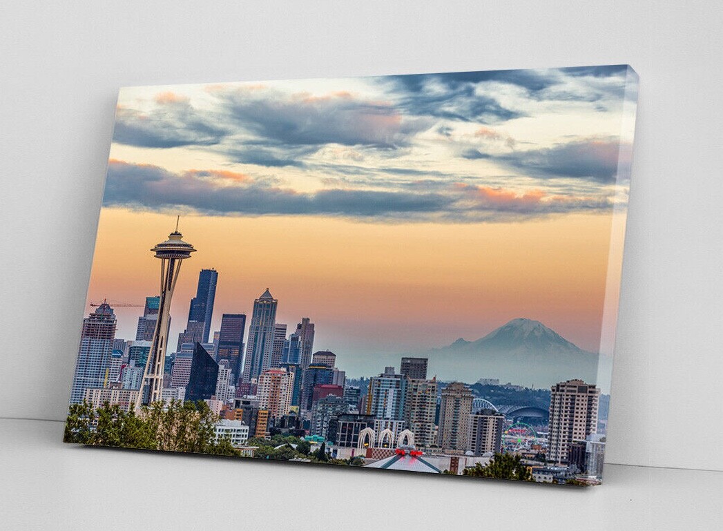 SEATTLE WALL ART Skyline Space Needle Sunset Mountain Background Canvas Print gallery