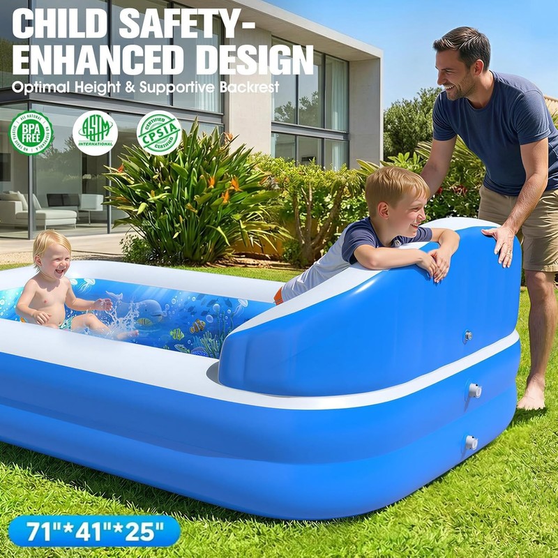 AixPool Inflatable Pool with Sprinkler & Backrest, Kid Kiddie Water Pool 71" gallery