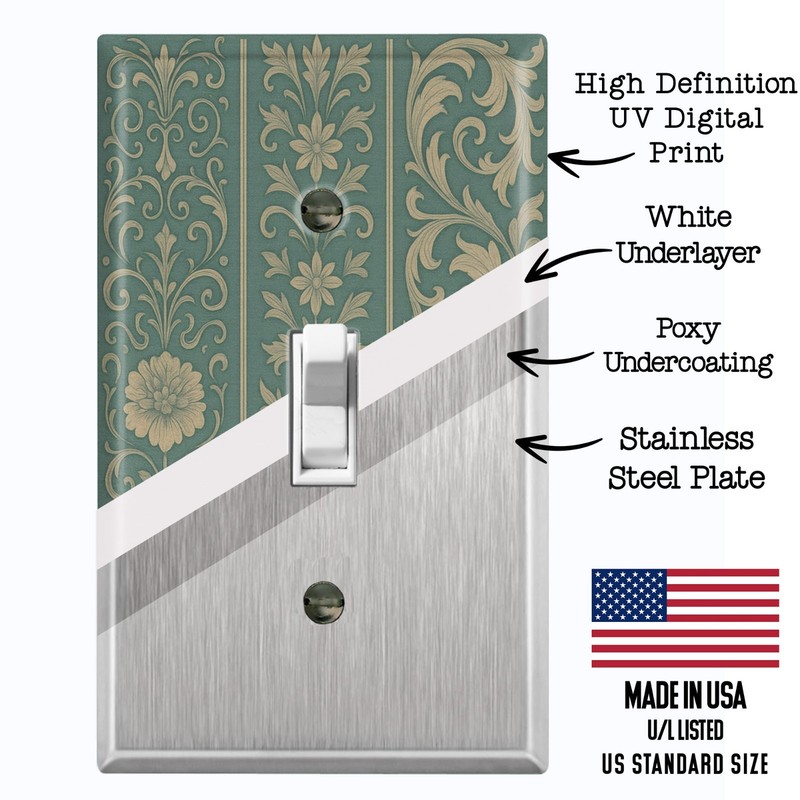 Metal Light Switch Outlet Cover Wall Plate Vintage Teal Green Floral FME185 gallery