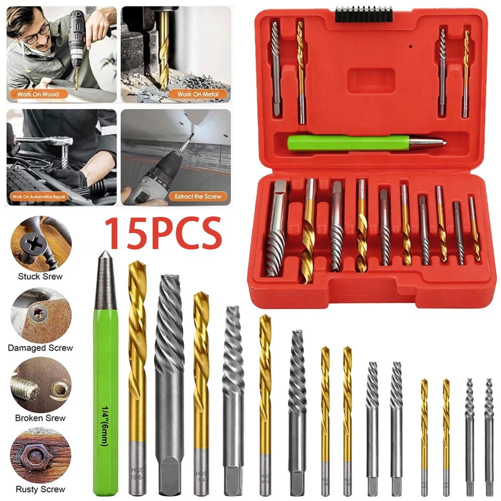 15x Screws Bolt Extractor Set W/ Reverse Drill Bit Ez Out Stripped Screw Nut Set gallery
