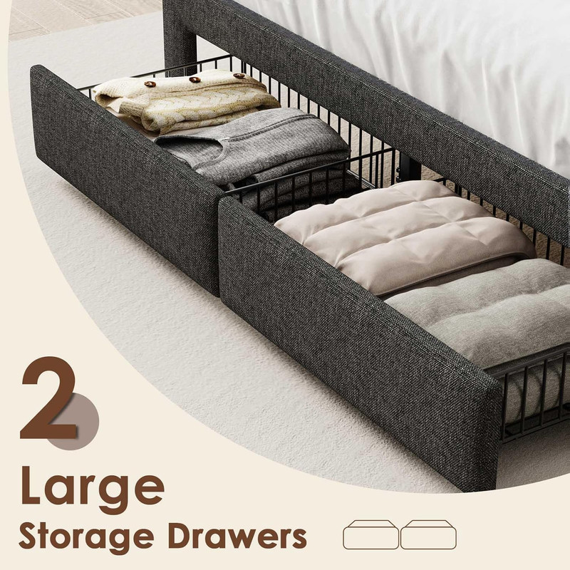 LED Queen Bed Frame with Storage Drawers, Upholstered & Easy Assembly - Grey gallery