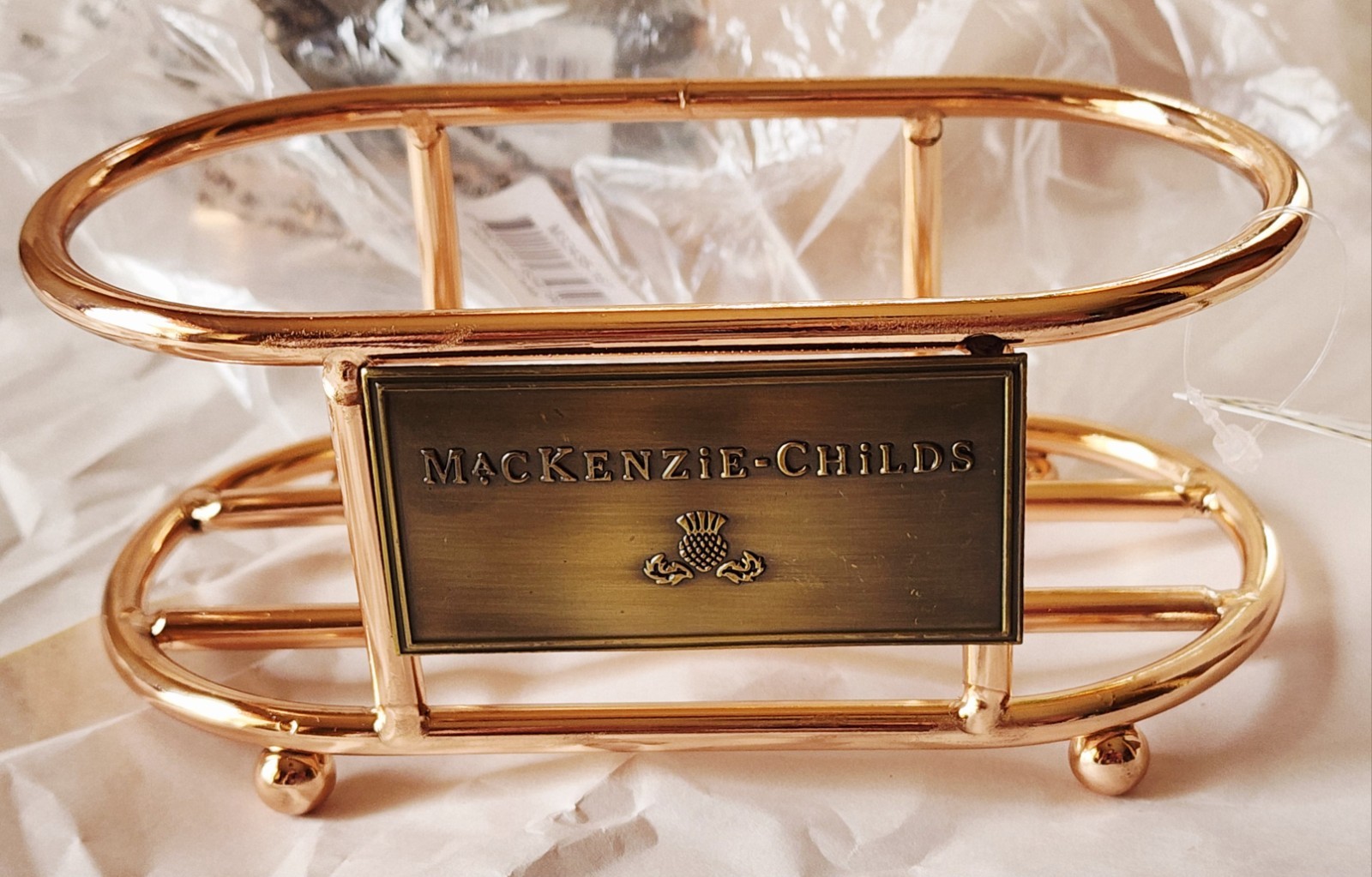 MacKenzie Childs Gold Plated Metal Footed Caddy for Soap / Lotion Oval 6"x3" gallery