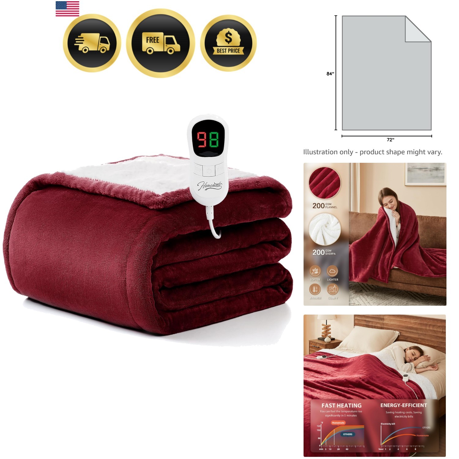 Electric Heated Blanket Full Size 72x84 Heating Blanket Auto-Off 10 Heat Levels gallery