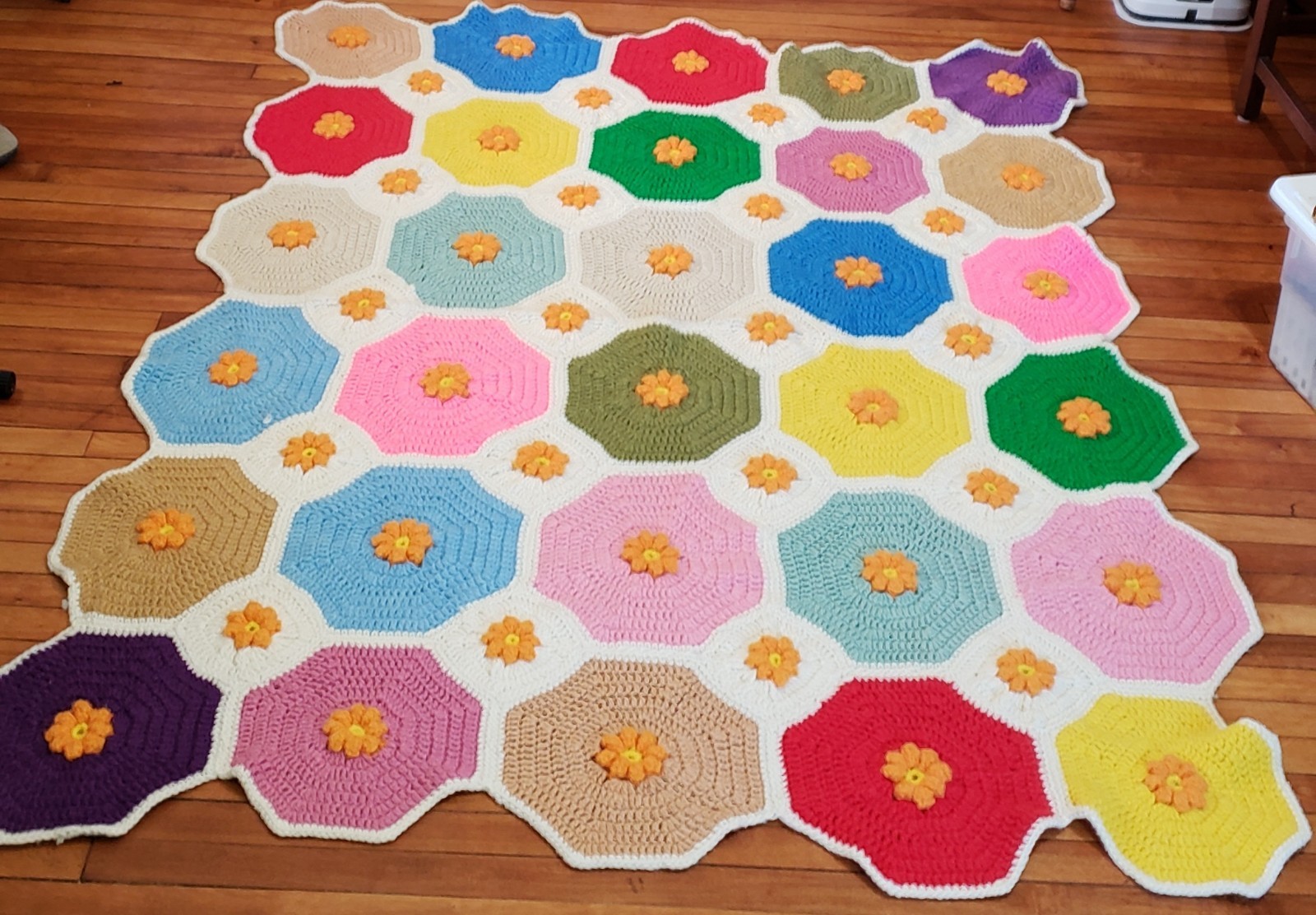 Unique Vintage Handmade Crocheted Afghan Blanket Colorful Wool Yarn 81 x 63"s gallery