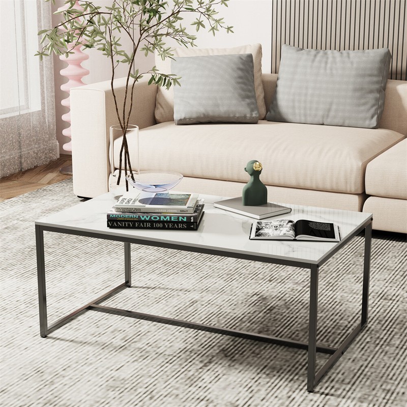 White/Black/Grey Rectangle High Gloss Marble Coffee Table Living Room Furniture gallery