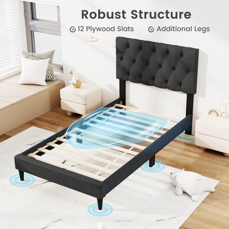 Twin Size Bed Frame with Button-Tufted Headboard & Wooden Slats Easy Assembly gallery