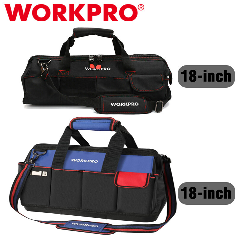 WORKPRO 18" Tool Bag Zipper Top Tool Organizer Case Wide Mouth Open Black/Blue gallery