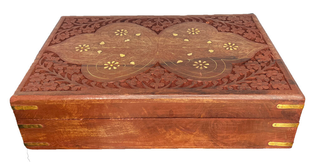 Large Mango Wood Engraved Box with Brass Inlays gallery