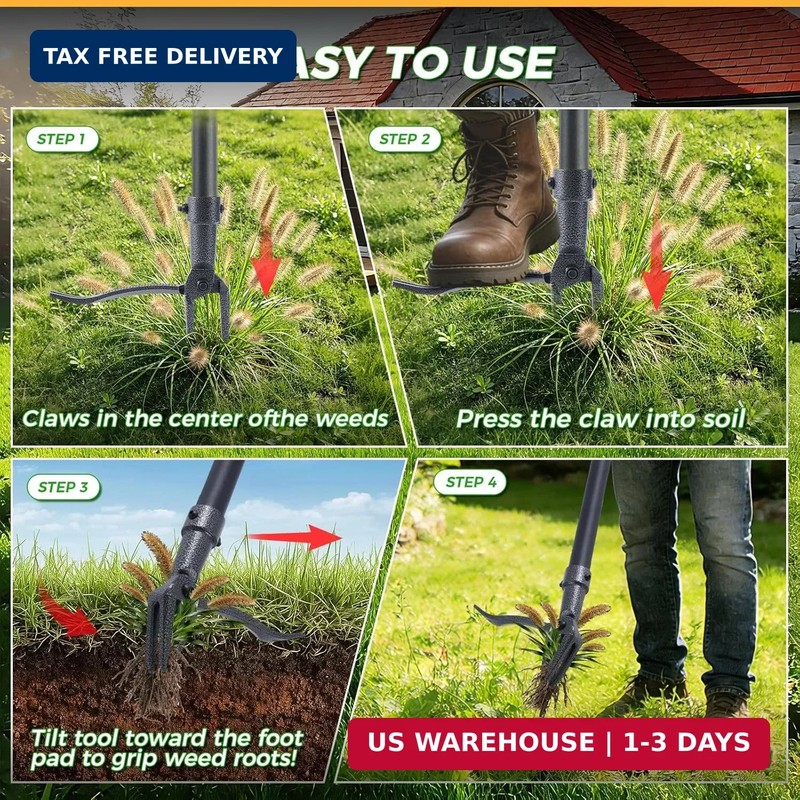 Stand Up Weed Puller Tool, 46" Adjustable All-Metal Long Handle Weeder with 4-Cl gallery