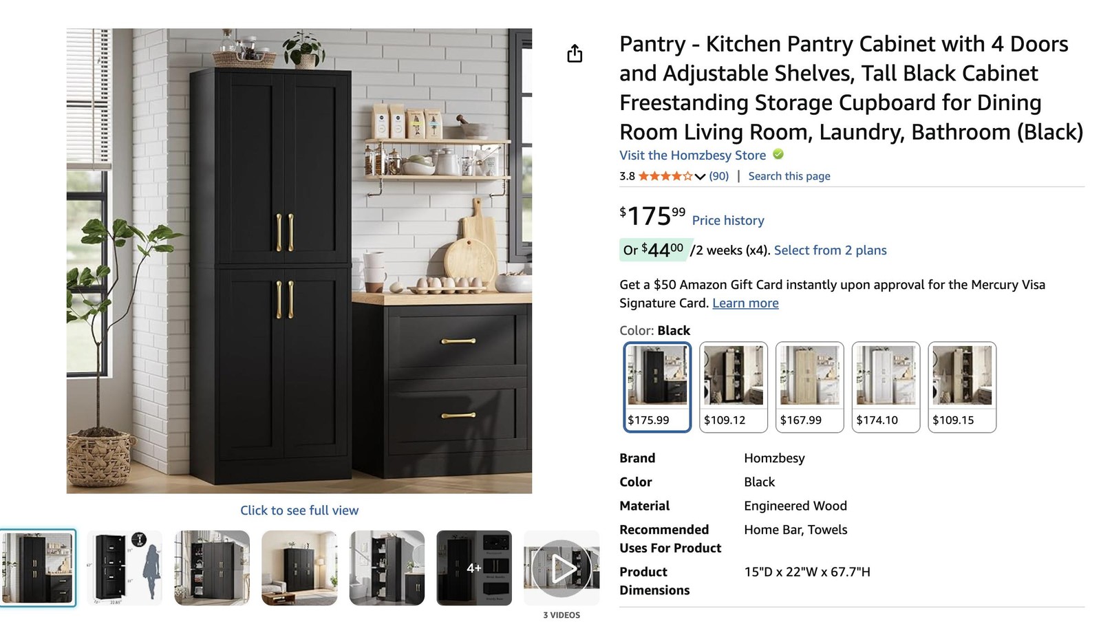 Homzbesy Kitchen Pantry Cabinet with 4 Doors and Adjustable Shelves Black gallery