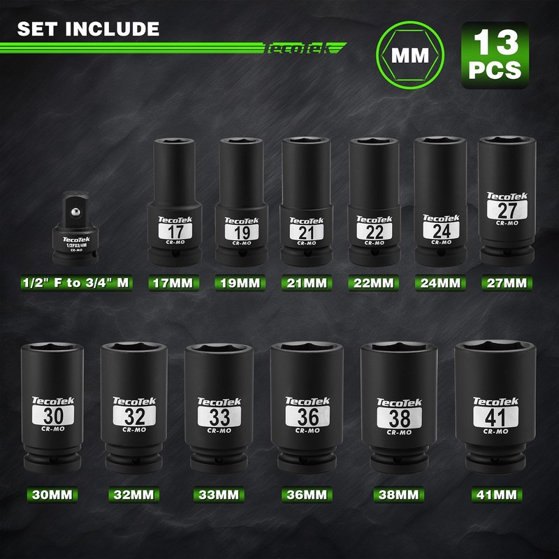 3/4" Drive Deep 6Point Impact Socket Set, 13Piece Jumbo Assortment, CrMo, Met... gallery