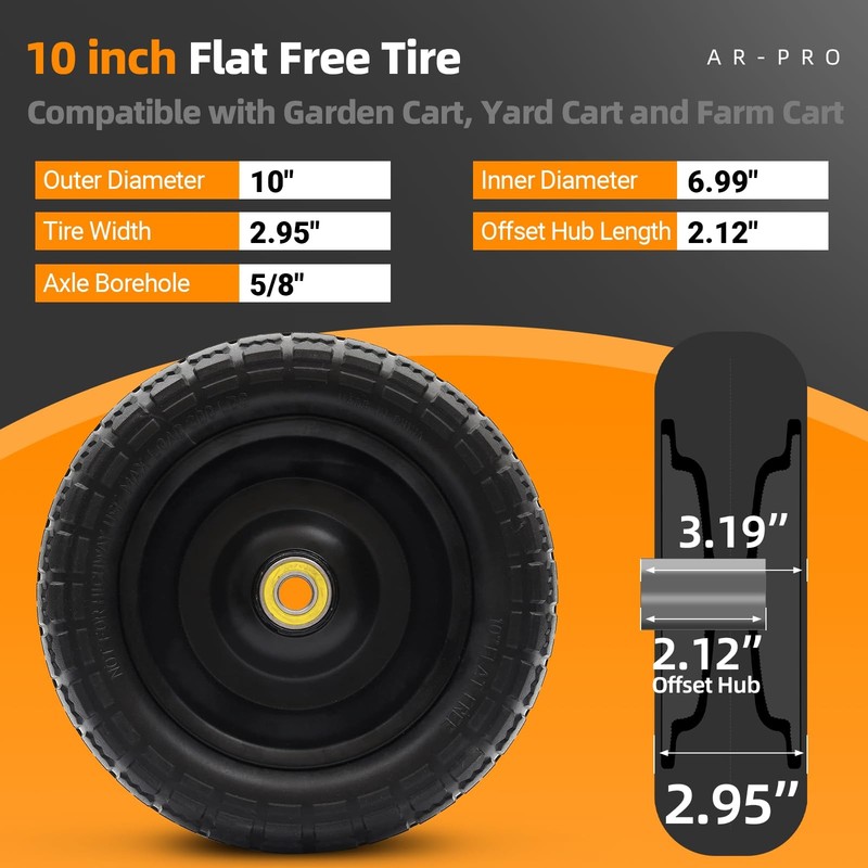 AR-PRO (2-Pack) 10" Flat Free Solid Tire and Wheel - with 5/8" Axle Bore Hole gallery