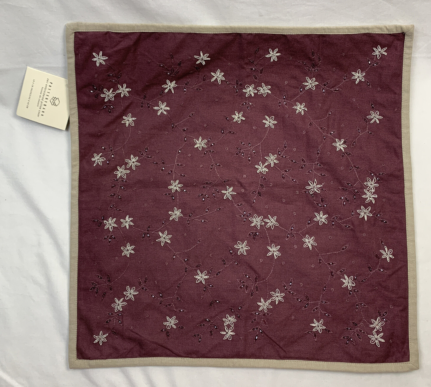 Pottery Barn Purple Embroidered Beaded Zari Sofa Toss Pillow Sham Cover 18" NWT gallery