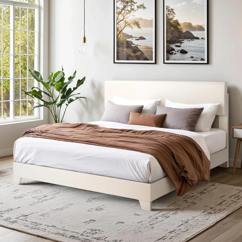 Queen Bed Frame Adjustable Headboard Faux Leather Platform Off White CERLIN Size gallery