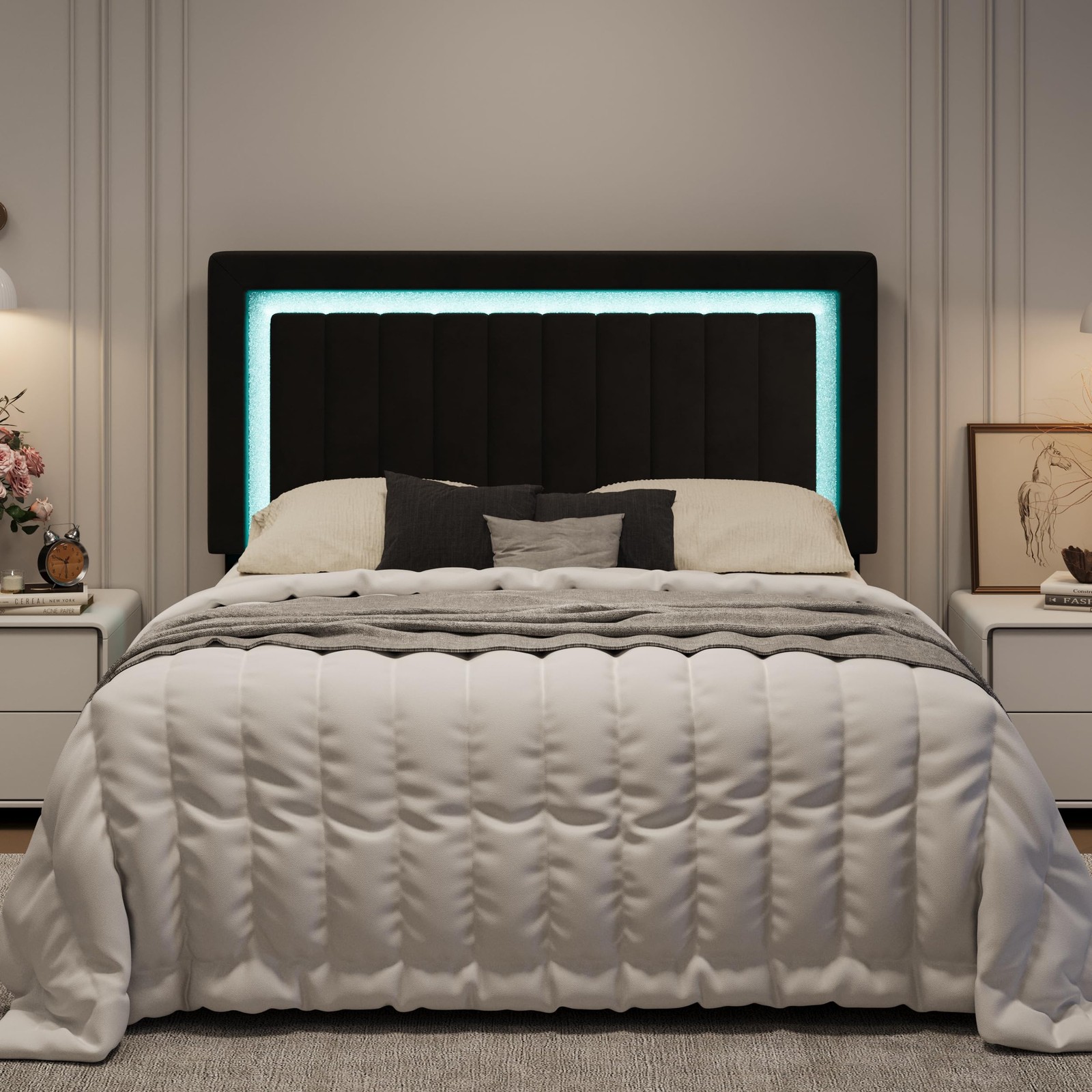 Sha Cerlin Queen Velvet Bed Frame LED Light Tufted Headboard Black gallery