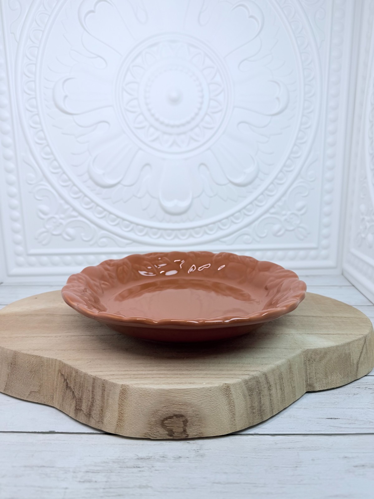 Home Interiors Terracotta Orange Decorative Leaf Rim Ceramic Serving Bowl Plate gallery
