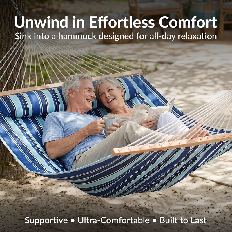 Large Quilted Fabric Hammock with Spreader Bar and Pillow - Beach by Sunnydaze gallery