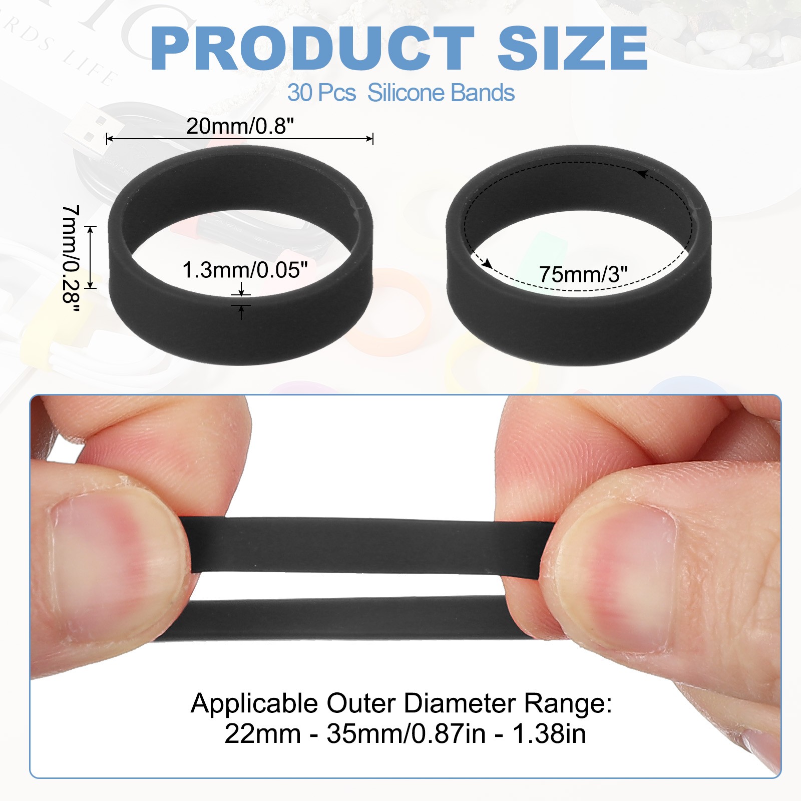 30Pack 0.8 x 0.28 Inch Silicone Wide Rubber Bands for Fashion Accessory Black gallery