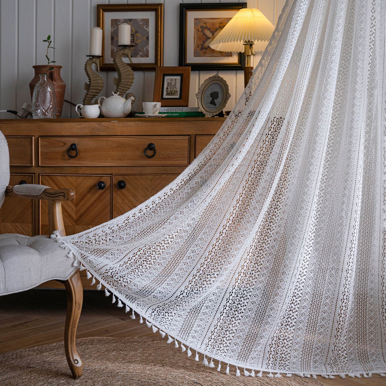 Beige Boho Curtain Crochet Lace Handmade Tassels Vintage Rustic Bohemian Drape gallery