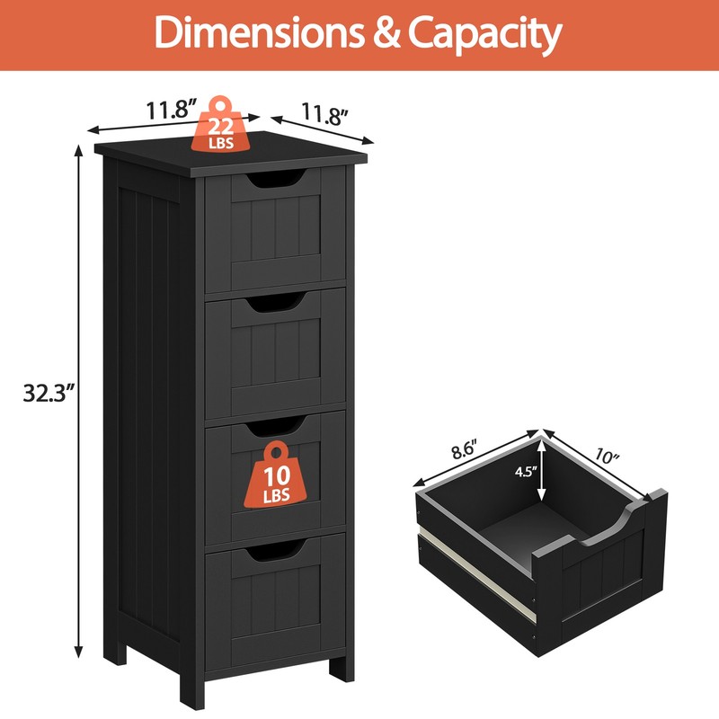Black Modern Bathroom Floor Cabinet Freestanding Storage Organizer with 4 Drawer gallery