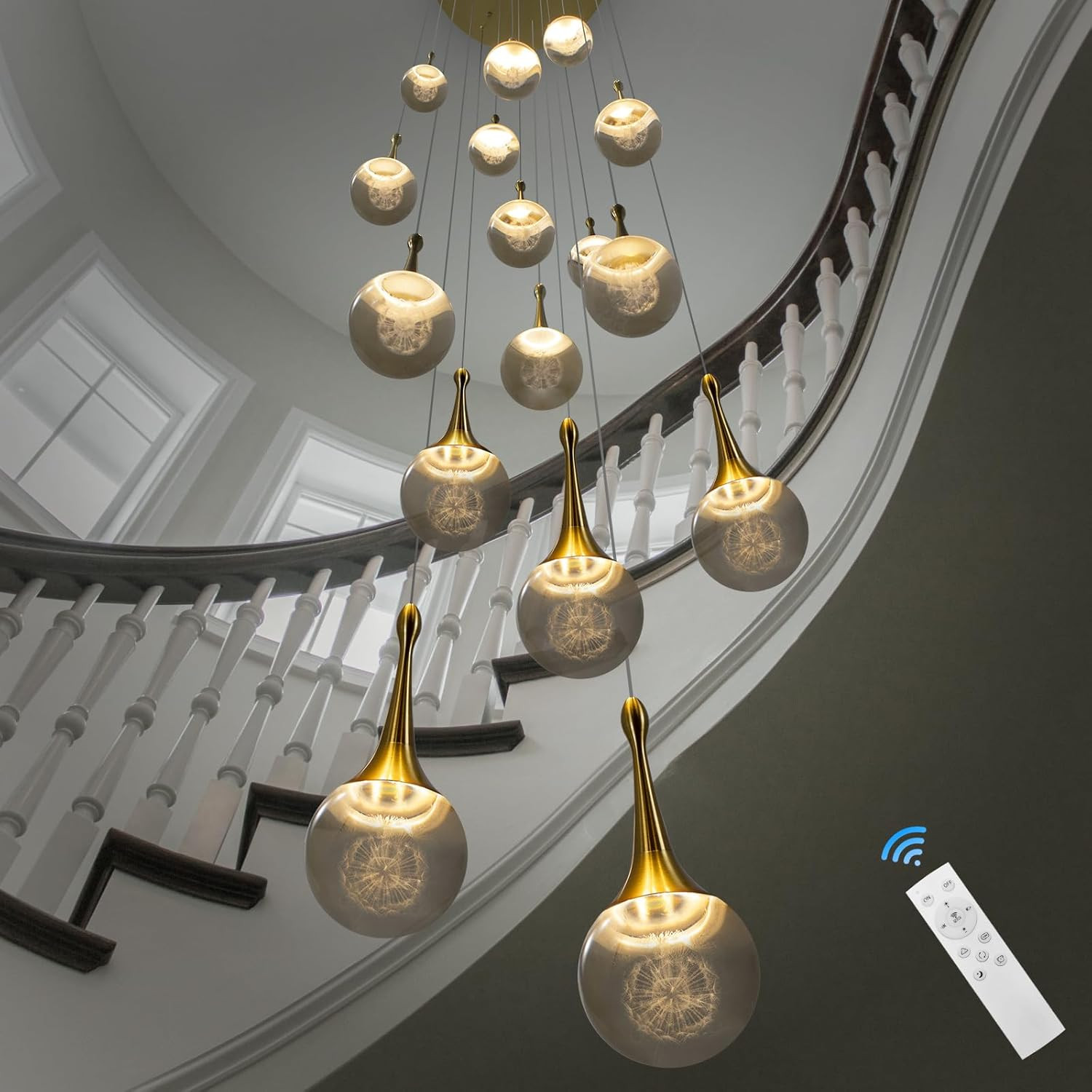 Gold LED Staircase Chandelier for High Ceiling, Gold LED Dimmable Remote, Modern gallery