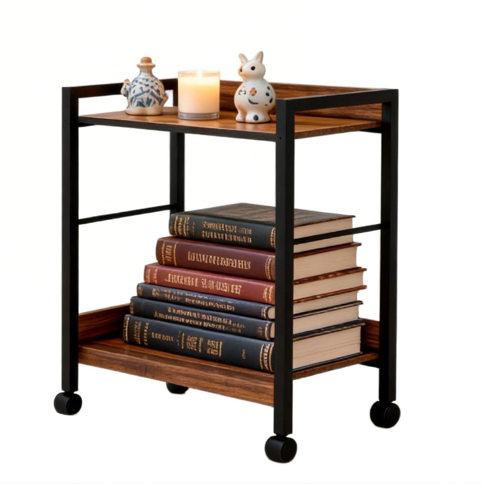 Rolling End Table Nightstand 2 Tier Industrial Side Sofa Table Walnut Brown gallery