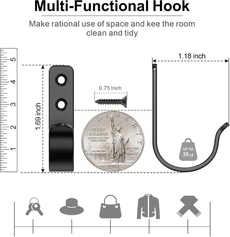 15-Pack Black Metal Wall Hooks Heavy Duty Coat Hooks Wall Mounted for Hanging gallery