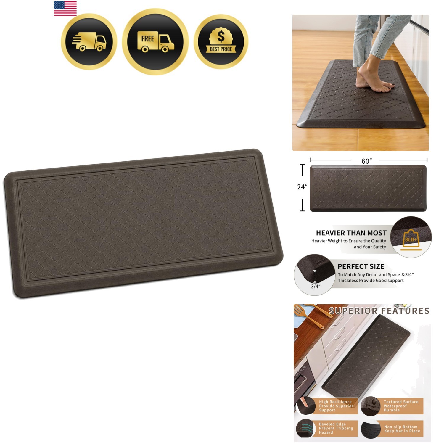24 x 60 Inch Extra Support Anti Fatigue Comfort Kitchen Mat, Waterproof Long ... gallery