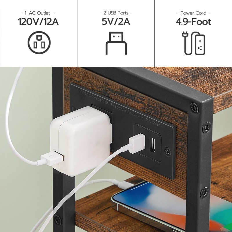 Narrow Side Table, Charging Station, Rustic Brown, Black, USB, Shelf, Skinny gallery