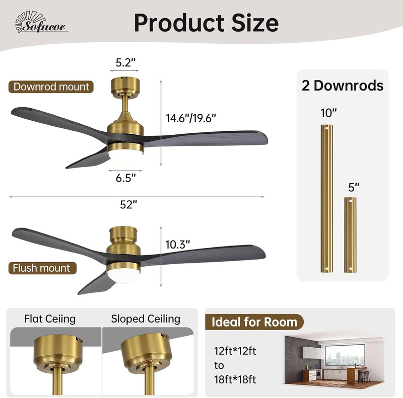 Sofucor 52" Solid Wood Ceiling Fan Lights, Flush Mount & Downrod Mount Ceiling F gallery