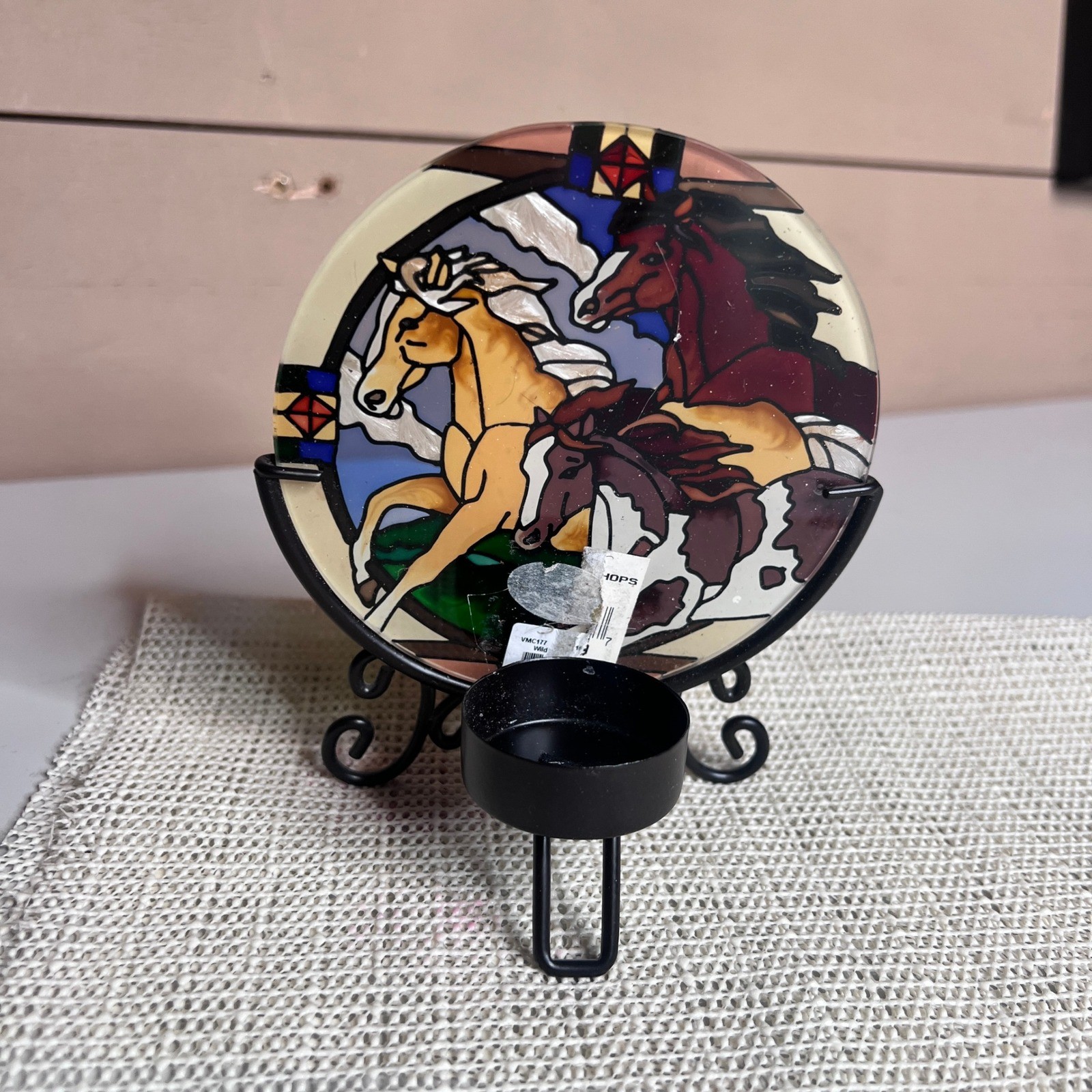 Running Horses Stained Glass Tea Light Candle Holder Metal Stand Rustic Decor gallery