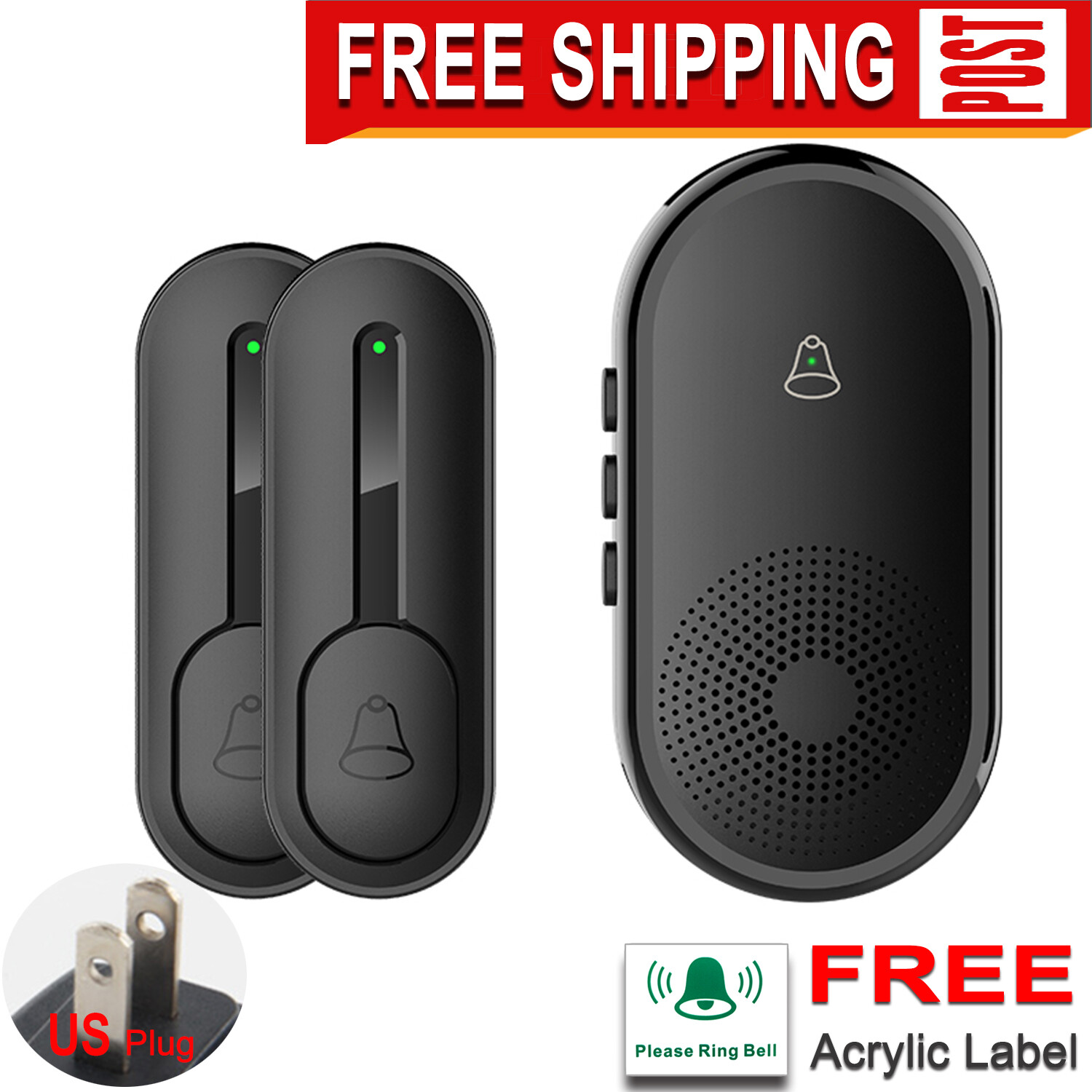 Transmission far volume small Home wireless doorbell 55chimes 0-110db 300M Black gallery