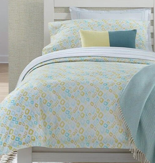 Sferra Geometrico Queen Flat Sheet Aqua/Yellow Cotton Percale Diamond Print NEW gallery
