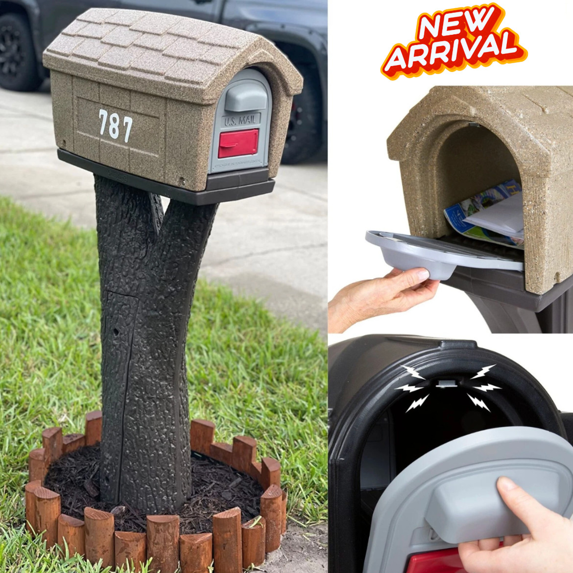 Unique Plastic Cabin Mailbox Post Faux Tree Branch/ Stump Base Front/ Back Door gallery