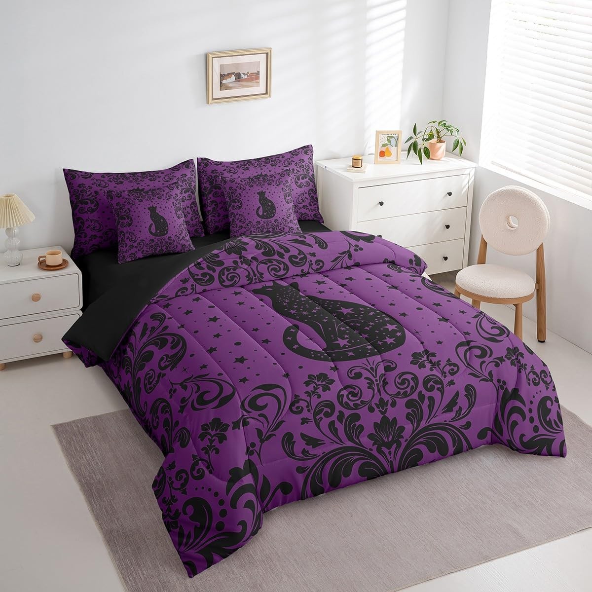 Boho Black Cat Queen Bedding Set 7 Piece Purple Black Halloween Gothic Comfor... gallery