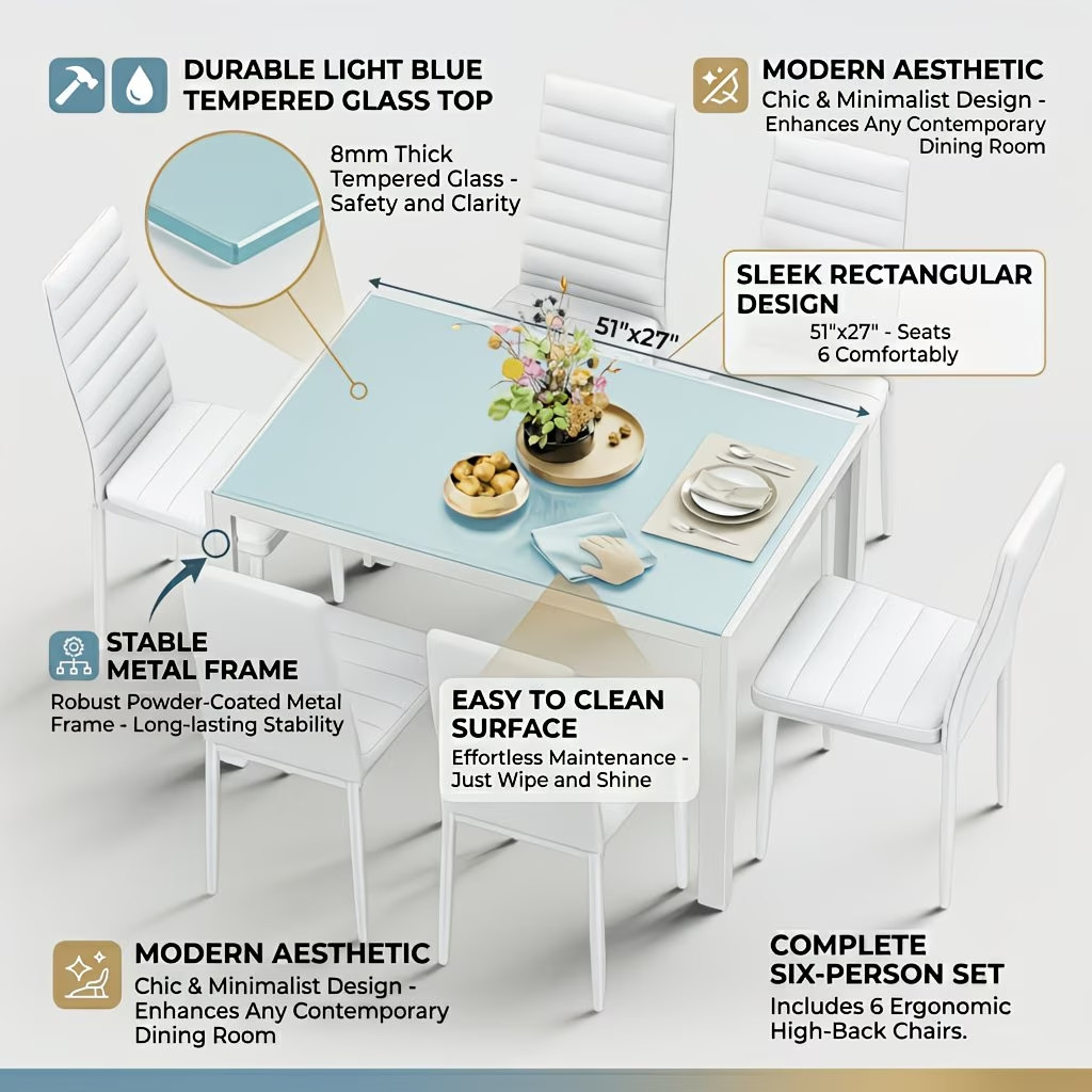 Modern 7pcs Glass Dining Table Set gallery