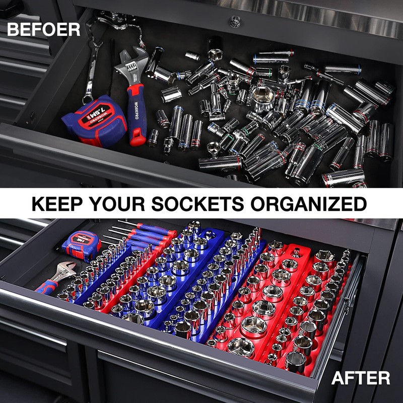 WORKPRO 3/8-Inch SAE Magnetic Socket Organizer Holds 26PCS Standard Deep Sockets gallery