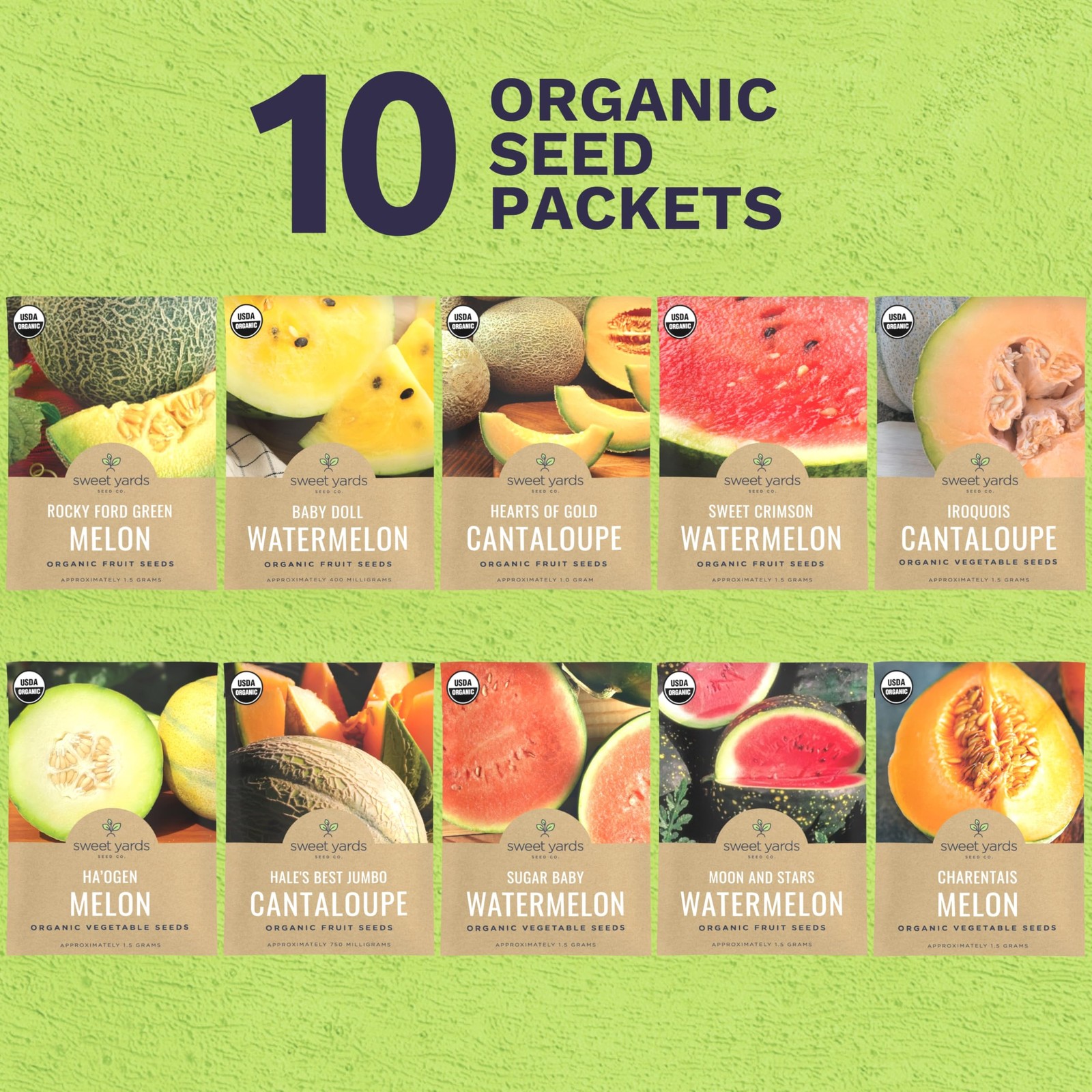 Organic Melon Seeds Variety Pack - 10 Individual Packs - 2026 Season - Sugar ... gallery